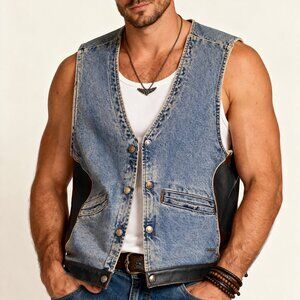 Men's Harley Davidson denim with leather trim vest, Size M